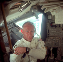 Buzz Aldrin wearing an Omega Speedmaster stopwatch aboard the Apollo 11 mission.